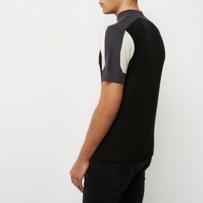 Dark grey colour block turtleneck polo shirt